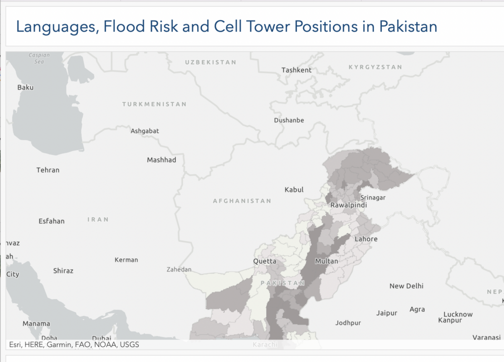 Pakistan Languages, Flood Risk and Cell Tower Positions Map