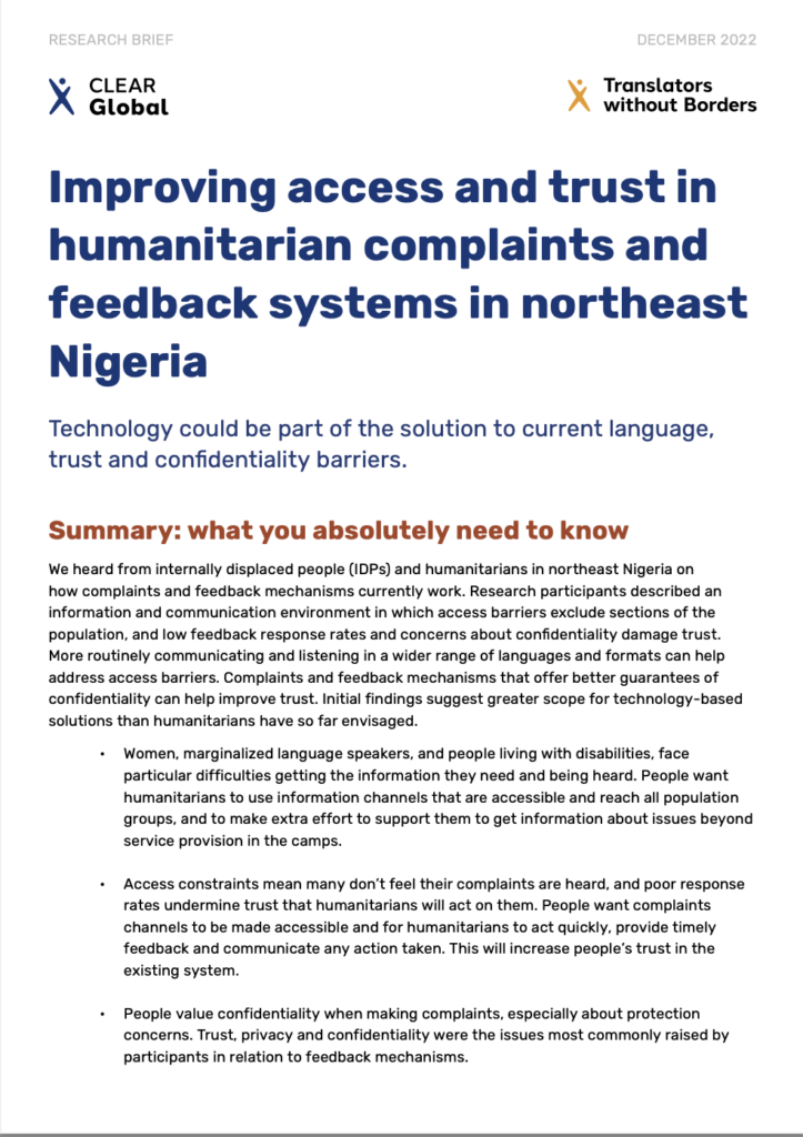 CLEAR Global northeast Nigeria AAP Research first page of the research brief