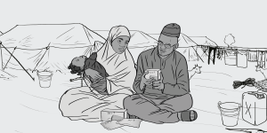 Illustration of Falmata with Rahma in her hands listening to her neighbor's explanation about the medicine.